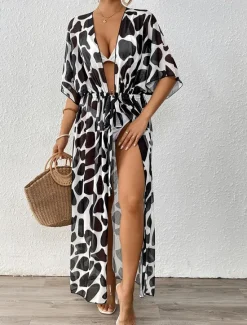 Sale Women's Swimwear Cover Up Swim Dress Swimsuit Tie Front Vacation Beach Wear Graphic Short Sleeves Bathing Suits Women Leopard Swimwear|Cover Up