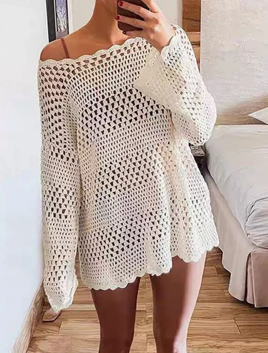 Discount Women's Swimwear Cover Up Beach Dresses Swimsuit Cut Out Vacation Beach Wear Plain Long Sleeve Women Cover Up