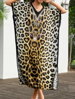 New Women's Swimwear Cover Up Swimsuit UV Protection Vacation Beach Wear Graphic Leopard Round Neck Short Sleeves Bathing Suits Women Leopard Swimwear|Cover Up