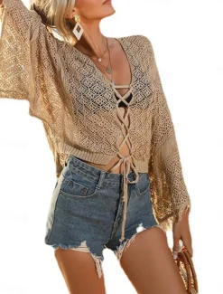 Sale Women's Swimwear Cover Up Swim Dress Swimsuit Cut Out Vacation Beach Wear Solid Color V Neck Long Sleeve Bathing Suits Women Cover Up