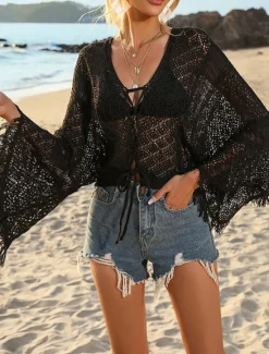 Sale Women's Swimwear Cover Up Swim Dress Swimsuit Cut Out Vacation Beach Wear Solid Color V Neck Long Sleeve Bathing Suits Women Cover Up