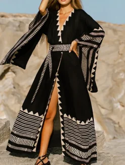 Clearance Women's Swimwear Cover Up Beach Dresses Swimsuit Vacation Beach Wear Geometric V Neck Long Sleeve Women Cover Up|Spring Swimwear