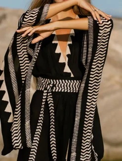 Clearance Women's Swimwear Cover Up Beach Dresses Swimsuit Vacation Beach Wear Geometric V Neck Long Sleeve Women Cover Up|Spring Swimwear