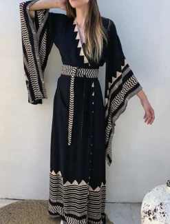 Clearance Women's Swimwear Cover Up Beach Dresses Swimsuit Vacation Beach Wear Geometric V Neck Long Sleeve Women Cover Up|Spring Swimwear