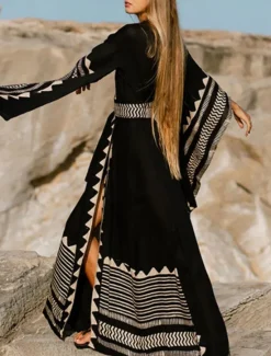 Clearance Women's Swimwear Cover Up Beach Dresses Swimsuit Vacation Beach Wear Geometric V Neck Long Sleeve Women Cover Up|Spring Swimwear