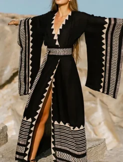 Clearance Women's Swimwear Cover Up Beach Dresses Swimsuit Vacation Beach Wear Geometric V Neck Long Sleeve Women Cover Up|Spring Swimwear