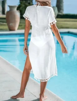 Best Women's Swimwear Cover Up Beach Dresses Swimsuit Fringe Vacation Beach Wear Solid Color V Neck Long Sleeve Women Cover Up