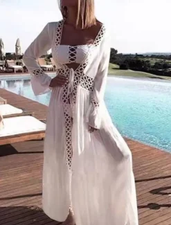 Hot Women's Swimwear Cover Up Beach Dresses Swimsuit Lace Patchwork Vacation Beach Wear Solid Color Long Sleeve Women Cover Up