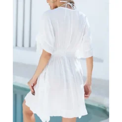 Online Women's Swimwear Cover Up Beach Dresses Swimsuit Tummy Control High Waist Slim Vacation Beach Wear Solid Color V Neck Short Sleeves Women Cover Up