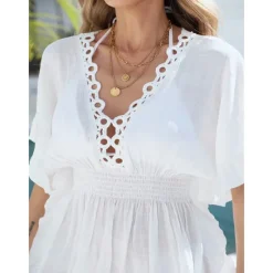 Online Women's Swimwear Cover Up Beach Dresses Swimsuit Tummy Control High Waist Slim Vacation Beach Wear Solid Color V Neck Short Sleeves Women Cover Up