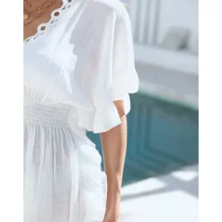 Online Women's Swimwear Cover Up Beach Dresses Swimsuit Tummy Control High Waist Slim Vacation Beach Wear Solid Color V Neck Short Sleeves Women Cover Up