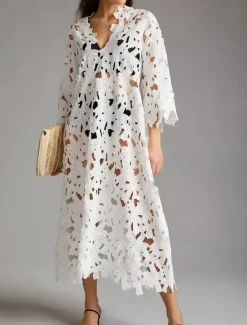 Women's Swimwear Cover Up Beach Dresses Swimsuit Lace Cut Out Vacation Beach Wear Plain Long Sleeve Women Cover Up