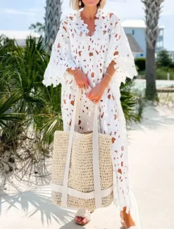 Women's Swimwear Cover Up Beach Dresses Swimsuit Lace Cut Out Vacation Beach Wear Plain Long Sleeve Women Cover Up
