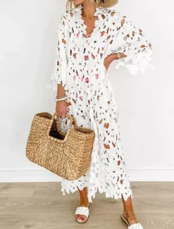 Women's Swimwear Cover Up Beach Dresses Swimsuit Lace Cut Out Vacation Beach Wear Plain Long Sleeve Women Cover Up