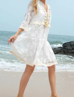 New Women's Swimwear Cover Up Beach Dresses Swimsuit Lace Cut Out Vacation Beach Wear Plain Long Sleeve Women Cover Up