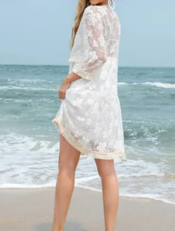 New Women's Swimwear Cover Up Beach Dresses Swimsuit Lace Cut Out Vacation Beach Wear Plain Long Sleeve Women Cover Up