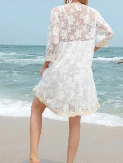 New Women's Swimwear Cover Up Beach Dresses Swimsuit Lace Cut Out Vacation Beach Wear Plain Long Sleeve Women Cover Up