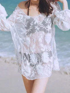 Discount Women's Swimwear Cover Up Beach Dresses Swimsuit Cut Out Vacation Beach Wear Plain Long Sleeve Women Cover Up