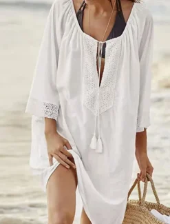 Sale Women's Swimwear Cover Up Beach Dresses Swimsuit Tie Front Vacation Beach Wear Solid Color V Neck Long Sleeve Women Cover Up