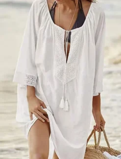 Sale Women's Swimwear Cover Up Beach Dresses Swimsuit Tie Front Vacation Beach Wear Solid Color V Neck Long Sleeve Women Cover Up
