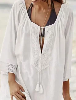 Sale Women's Swimwear Cover Up Beach Dresses Swimsuit Tie Front Vacation Beach Wear Solid Color V Neck Long Sleeve Women Cover Up