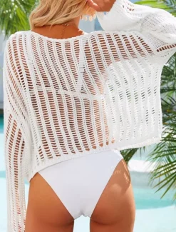 New Women's Swimwear Cover Up Swimsuit Cut Out Vacation Beach Wear Solid Color Round Neck Long Sleeve Bathing Suits Women Cover Up