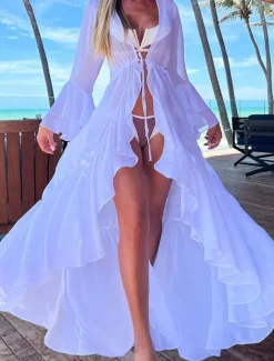 Discount Women's Swimwear Cover Up Beach Dresses Swimsuit Drawstring Vacation Beach Wear Plain Long Sleeve Women Cover Up