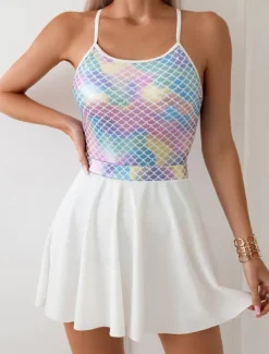 Women's Swimwear Monokini Swim Dress Swimsuit Backless Tummy Control High Waist Slim Vacation Beach Wear Ombre U Neck Sleeveless Bathing Suits Women Swimdresses