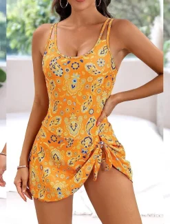 Women's Swimwear One Piece Swimdresses Swimsuit Backless Tummy Control High Waist Slim Vacation Beach Wear Floral U Neck Sleeveless Bathing Suits Women Swimdresses