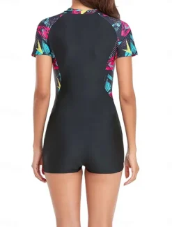 Hot Women's Swimwear One Piece Swimsuit Zip Up Tummy Control High Waist Slim Vacation Beach Wear Graphic Round Neck Short Sleeves Bathing Suits Women One-Pieces