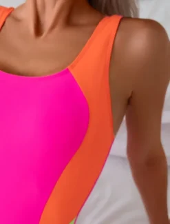 Online Women's Swimwear One Piece Swimsuit Backless Tummy Control High Waist Slim Vacation Beach Wear Color Block U Neck Sleeveless Bathing Suits Women One-Pieces|Colorful Swimwear
