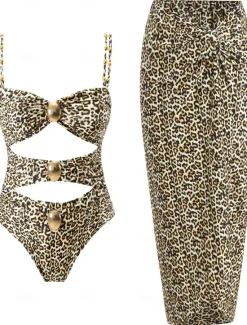 Sale Women's Swimwear One Piece Monokini Swimsuit Backless Tummy Control High Waist Slim Vacation Beach Wear Floral Leopard Strapless Sleeveless Bathing Suits Women One-Pieces|Leopard Swimwear