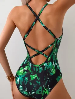 Best Women's Swimwear One Piece Monokini Swimsuit Backless Tummy Control High Waist Slim Vacation Beach Wear Graphic Tropical U Neck Sleeveless Bathing Suits Women One-Pieces