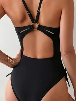 Online Women's Swimwear One Piece Monokini Swimsuit Backless Tummy Control High Waist Slim Vacation Beach Wear Solid Color V Neck Sleeveless Bathing Suits Women One-Pieces