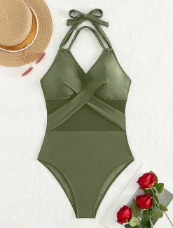 Outlet Women's Swimwear One Piece Monokini Swimsuit Mesh Backless Tummy Control High Waist Slim Vacation Beach Wear Solid Color Halter Neck Sleeveless Bathing Suits Women One-Pieces