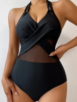 Outlet Women's Swimwear One Piece Monokini Swimsuit Mesh Backless Tummy Control High Waist Slim Vacation Beach Wear Solid Color Halter Neck Sleeveless Bathing Suits Women One-Pieces