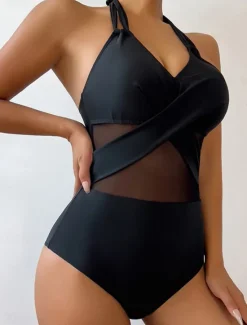 Outlet Women's Swimwear One Piece Monokini Swimsuit Mesh Backless Tummy Control High Waist Slim Vacation Beach Wear Solid Color Halter Neck Sleeveless Bathing Suits Women One-Pieces
