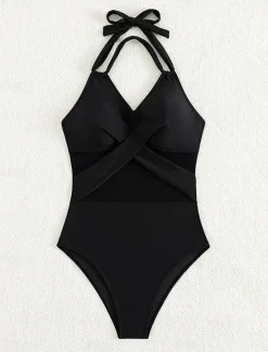 Outlet Women's Swimwear One Piece Monokini Swimsuit Mesh Backless Tummy Control High Waist Slim Vacation Beach Wear Solid Color Halter Neck Sleeveless Bathing Suits Women One-Pieces