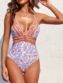 Best Women's Swimwear One Piece 2 Piece Monokini Swimsuit Backless Tummy Control High Waist Slim Vacation Beach Wear Floral V Neck Sleeveless Bathing Suits Women One-Pieces