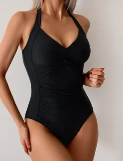 Clearance Women's Swimwear One Piece Monokini Swimsuit Backless Tummy Control High Waist Slim Vacation Beach Wear Solid Color Halter Neck Sleeveless Bathing Suits Women One-Pieces