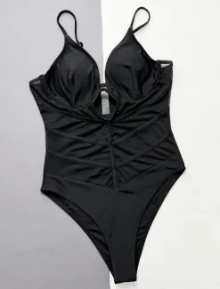 Discount Women's Swimwear One Piece Monokini Swimsuit Mesh Backless Tummy Control High Waist Slim Vacation Beach Wear Solid Color Halter Neck Sleeveless Bathing Suits Women One-Pieces