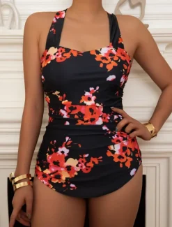 Hot Women's Swimwear One Piece Monokini Swimsuit Backless Tummy Control High Waist Slim Vacation Beach Wear Floral Halter Neck Sleeveless Bathing Suits Women One-Pieces