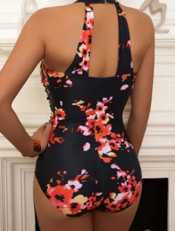 Hot Women's Swimwear One Piece Monokini Swimsuit Backless Tummy Control High Waist Slim Vacation Beach Wear Floral Halter Neck Sleeveless Bathing Suits Women One-Pieces