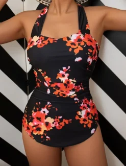 Hot Women's Swimwear One Piece Monokini Swimsuit Backless Tummy Control High Waist Slim Vacation Beach Wear Floral Halter Neck Sleeveless Bathing Suits Women One-Pieces