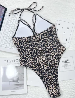 Discount Women's Swimwear One Piece Monokini Swimsuit Backless Tummy Control High Waist Slim Vacation Beach Wear Halter Neck Sleeveless Bathing Suits Women Leopard Swimwear