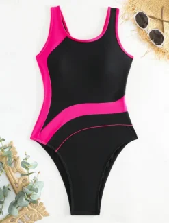 Women's Swimwear One Piece Monokini Swimsuit Backless Tummy Control High Waist Slim Vacation Beach Wear Color Block Round Neck Sleeveless Bathing Suits Women One-Pieces