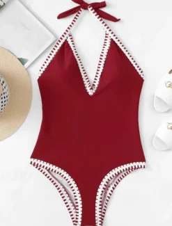 Outlet Women's Swimwear One Piece Monokini Swimsuit Backless Patchwork Tummy Control High Waist Slim Vacation Beach Wear Solid Color Halter Neck Sleeveless Bathing Suits Women One-Pieces