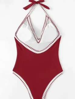 Outlet Women's Swimwear One Piece Monokini Swimsuit Backless Patchwork Tummy Control High Waist Slim Vacation Beach Wear Solid Color Halter Neck Sleeveless Bathing Suits Women One-Pieces