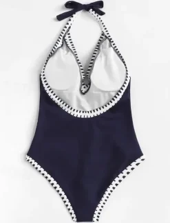 Outlet Women's Swimwear One Piece Monokini Swimsuit Backless Patchwork Tummy Control High Waist Slim Vacation Beach Wear Solid Color Halter Neck Sleeveless Bathing Suits Women One-Pieces