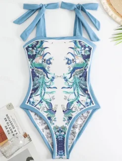 New Women's Swimwear One Piece Monokini Skirt Swimsuit Backless Tummy Control High Waist Slim Vacation Beach Wear Floral Halter Neck Sleeveless Bathing Suits Women One-Pieces